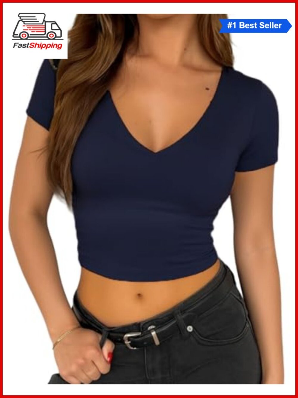 ✨ForeFair Womens V Neck Short Sleeve Crop Top Double Lined Slim Fit Y2K Going